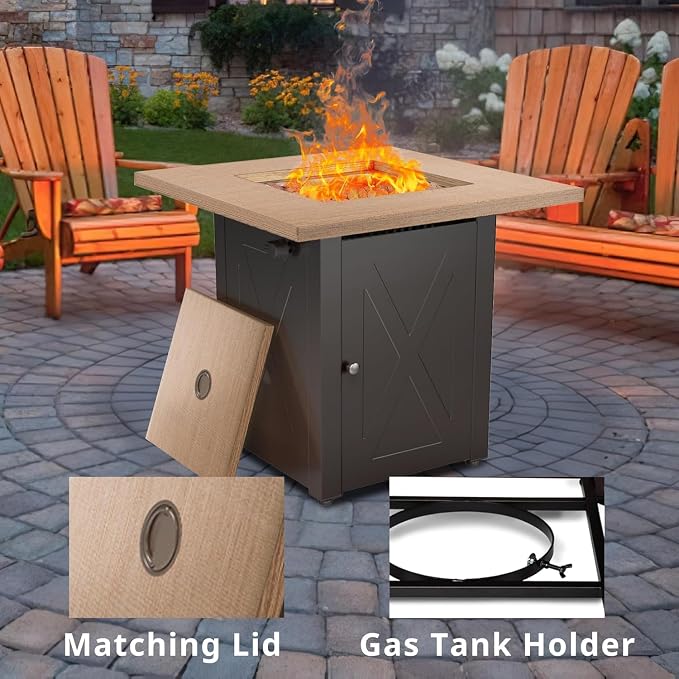 Hexago 28 Inch Propane Fire Pit Table, Gas Square Outdoor Fire Table Dinning with Lid, Lava Stone, 50000BTU, ETL Certification, for Outside Garden Backyard Deck Patio
