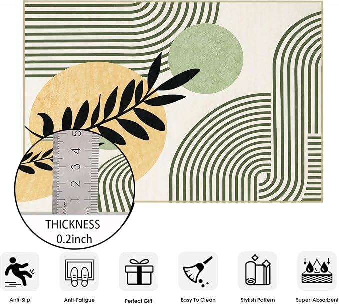 3x5 Green Boho Area Rug for Bedroom Abstract Mid Century Modern Rug | Washable Modern Tropical Leave Rugs Low Pile Non-Slip Floor Carpet for Kitchen Living Room Dining Room Bedroom Entry