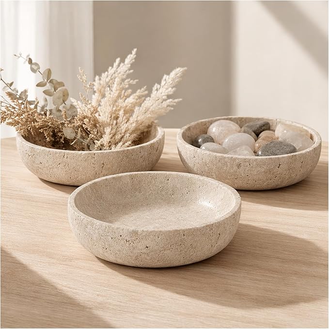 Natural Travertine Decorative Bowl 7.8", Travertine Bowl & Natural Stone Centerpiece for Coffee Table Decor, Ring Tray, For Entryway, Kitchen Fruit Bowl, Potpourri, Dining Table Centerpiece.