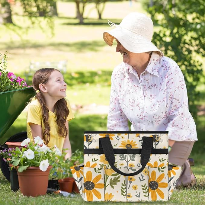 Bee Flower Garden Tool Bag for Women Waterproof & Reusable Heavy Duty Gardening Tote Storage Organizer Toiletry Bag with 10 Pockets for Garden Lawn Yard Casual Camp