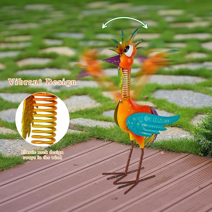 Metal Wacky Rooster Garden Statue, Rooster Decor Yard Statue Decorations Outdoor, Chicken Yard Art for Outside, Patio, Backyard, Lawn (Orange)