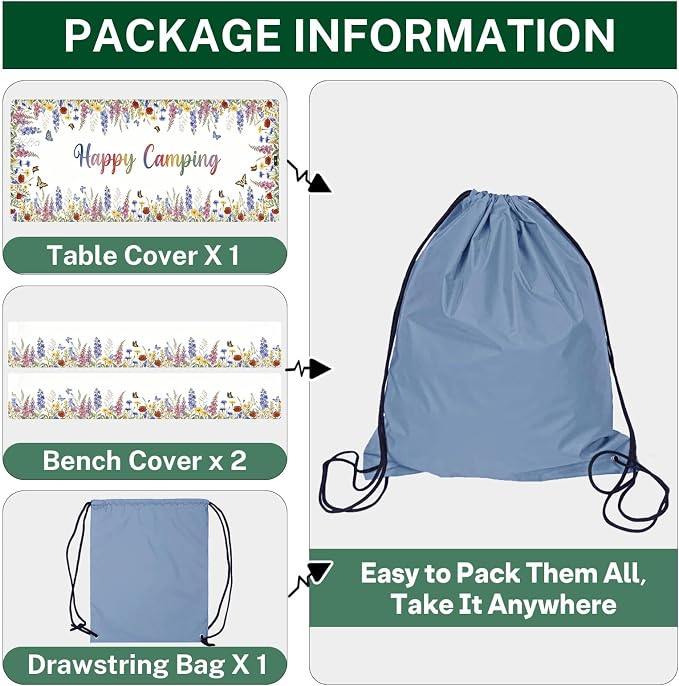 Picnic Table Cover with Bench Covers Elastic Edges, Butterfly Camper Fitted Table Cover, Outdoor Camping Essentials 72 Inch 3PCS, Waterproof Camping Fitted Tablecloth with Drawstring Bag