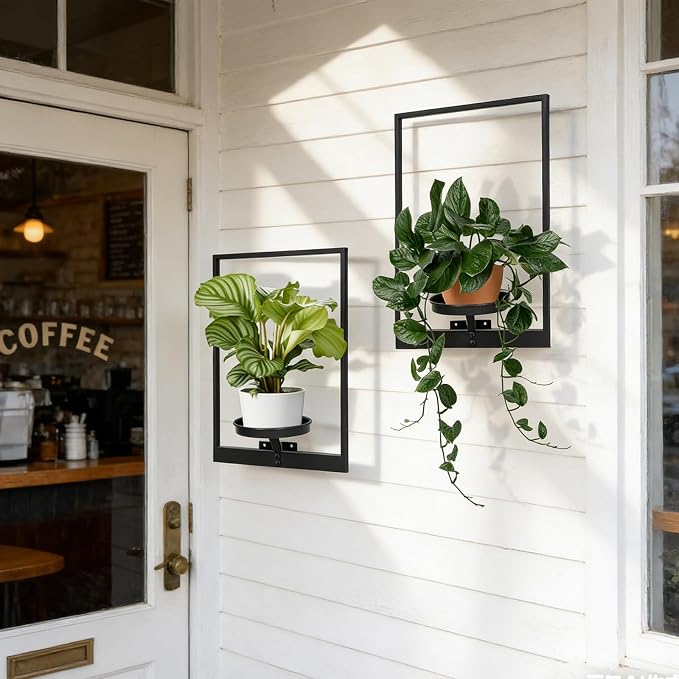 Wall Plant Holder Floating Shelves for Wall Set of 2, Wall Planters for Indoor Plants - Premium Metal Hanging Plant Holder for Indoor Outdoor Decor