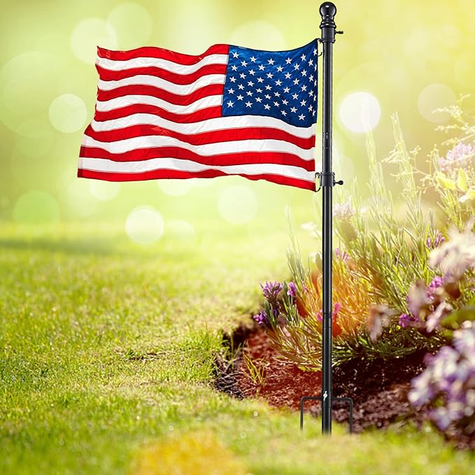 DonSail Black Flag Poles for Outside in Ground - 8FT Flag Pole for House with 2 Pronges Base - Stainless Steel Flag Pole Kit with 3x5FT American Flag for Yard Residential Commercial