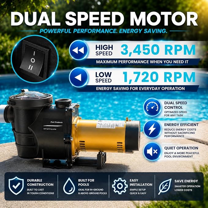 XtremepowerUS Dual Speed In-Ground Swimming Pool Pump Spa High Flow 1.5" NPT With Slip-On Fitting Included, Filter Basket, 230V (5820 GPH)