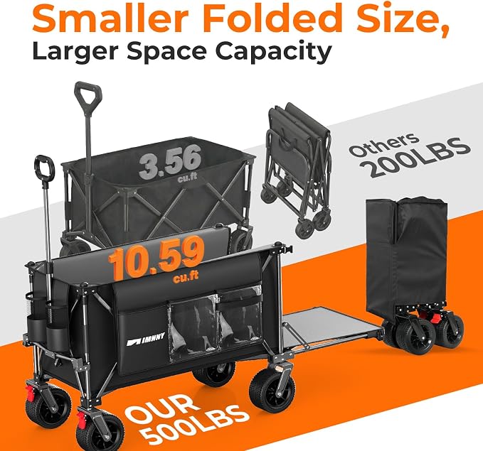 Collapsible Wagon with Tailgate, 55" Expandable 300L All-Terrain | 500 Lbs Heavy Duty, Utility Folding Wagon, 7"×4" Wheels, 360° Swivel & Brakes, Long Item Storage,Beach, Camping, Gardening