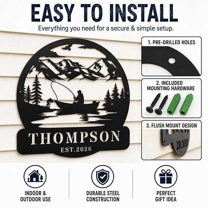 Personalized Fishing Metal Sign with Name, Custom Fisherman Wall Art for Lake House Cabin Man Cave Decor, Outdoor Iron Fishing Pole Plaque, Angler Gift for Dad