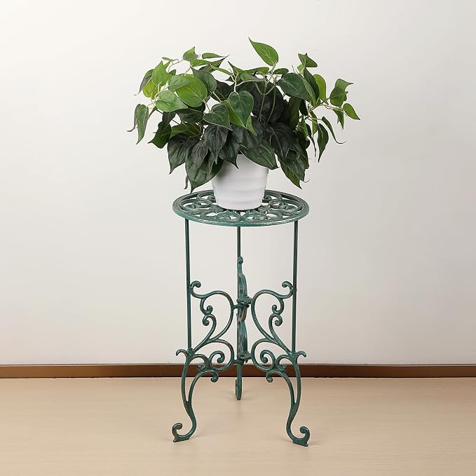 OwnMy Cast Iron Tall Plant Stand Heavy Duty Vintage Wrought Iron Flower Pot Holder, Decorative 1-Tier Potted Plant Holder Rack, Indoor Outdoor Large Metal Plant Stand for Patio Garden, Antique Green