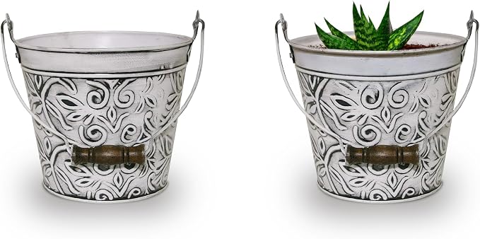 Headwind Vintage Collection - Floral Rustic White Planter with Handles – 8 Inch Medium Flower Pots Decorative Plant Indoor – Plant Pots Indoor with Drainage By Robert Allen