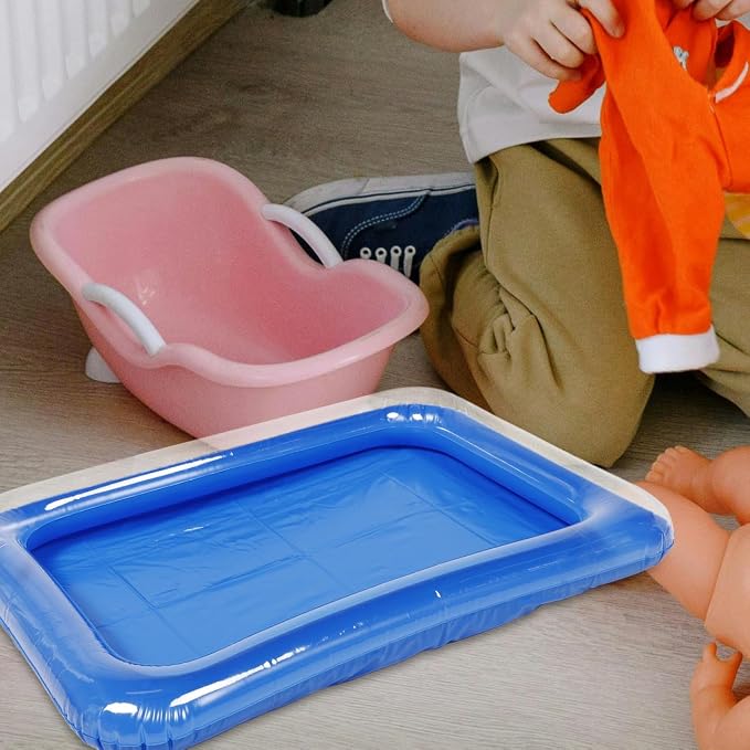 NOLITOY Portable Mini Swimming Pool Sand Tray Air Filled Water Play Accessories for 12 Inch Dolls Girls Kids Summer Bathroom Sensory Toys Transparent Blue PVC Outdoor Indoor 23.62 X 17.71 X 5.90 Inch