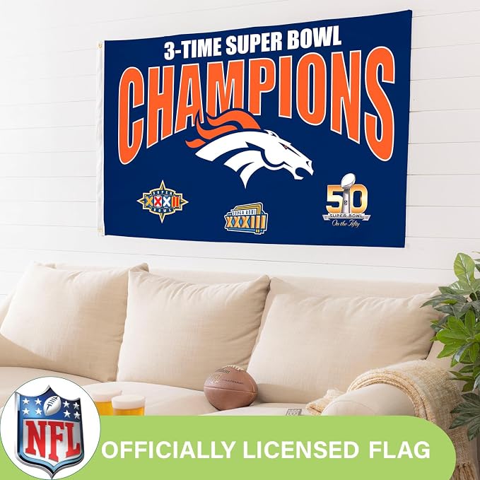 Team Sports America NFL Denver Broncos Multi-Win Superbowl Champions 3x5 Flag for Outside with Grommets | Outdoor & Indoor | Heavy Duty Flag & Banner | Works with Flag Pole for Outside House