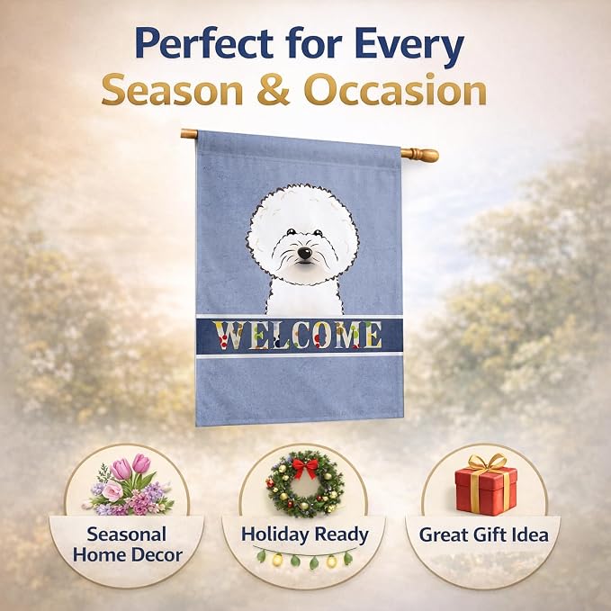 Caroline's Treasures BB1403CHF Bichon Frise Welcome House Flag, Blue Large Porch Sleeve Pole Decorative Outside Yard Banner Artwork Wall Hanging, Polyester, House Size, Multicolor