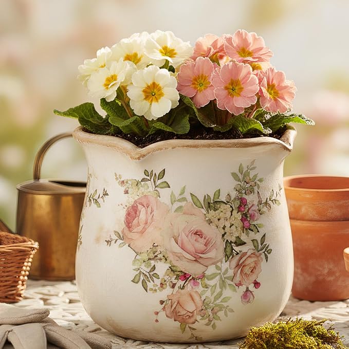 Xiaan Jiaju Ceramic Flower Vase, Rustic Farmhouse Vases & Planting Pots with Drainage, European Home Decor for Mantel Fireplace Bookshelf Wedding Centerpieces, Pink Rose Floral