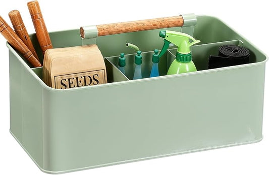 Gardening Tool Caddy, Garden Tool Basket with 4 Compartments, Metal Garden Caddy with Wooden Handle for Indoor & Outdoor