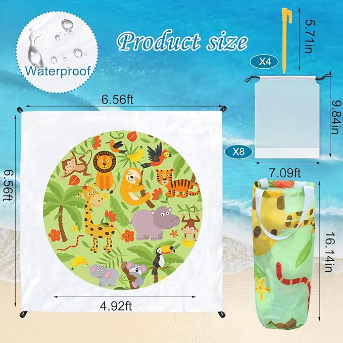 6.6 X 6.6 Ft Baby Beach Pool, 2 in 1 Portable Kids Beach Play Pool Puddle Toddler Beach Blanket and Kiddie Pools Green Cartoon Childs Sand Pit Paddling Pools with Water Bag for Boys Girls Outdoors