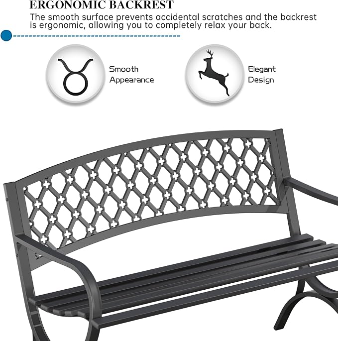 On Shine 50'' Patio Garden Bench, Loveseats Patio Park Bench,Black Steel Cast Iron Frame Bench,Metal Bench Outdoor for Porch Yard Lawn Deck (Grid)