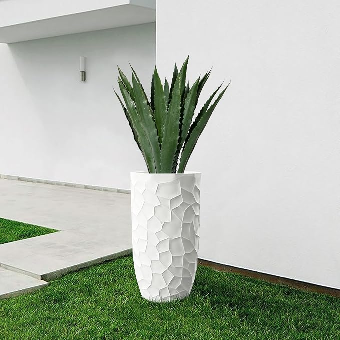 LuxenHome 22" H Concrete Tall Planter, Large Outdoor Indoor Plant Pots with Drainage Hole and Rubber Plug, Modern White Flower Pot for Plants, Geometric Pattern Planter Pots for Home Garden Patio