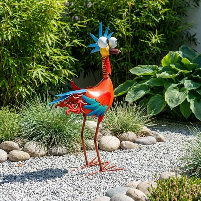 Metal Wacky Rooste Garden Statue, 17.9‘’ Rooster Decor Yard Statue Decorations Outdoor, Chicken Yard Art for Outside, Patio, Backyard, Lawn (Orange & Cyan)