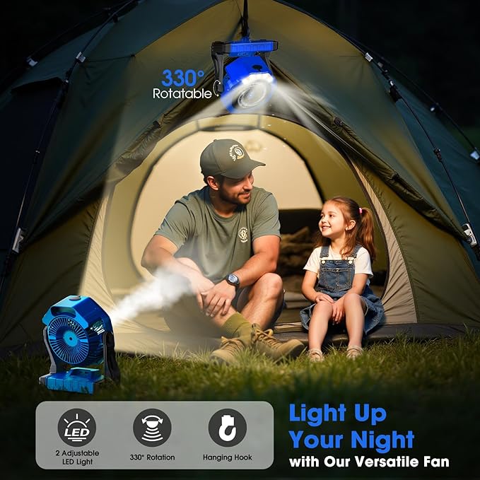 Ausic Portable Misting Camping Fan, 8" Outdoor Cooling Fan with LED Light, Water Spray, Hook, [Max 35H] Battery Operated Rechargeable Fan for Sports Sidelines, Patio, Beach, Tent, Travel