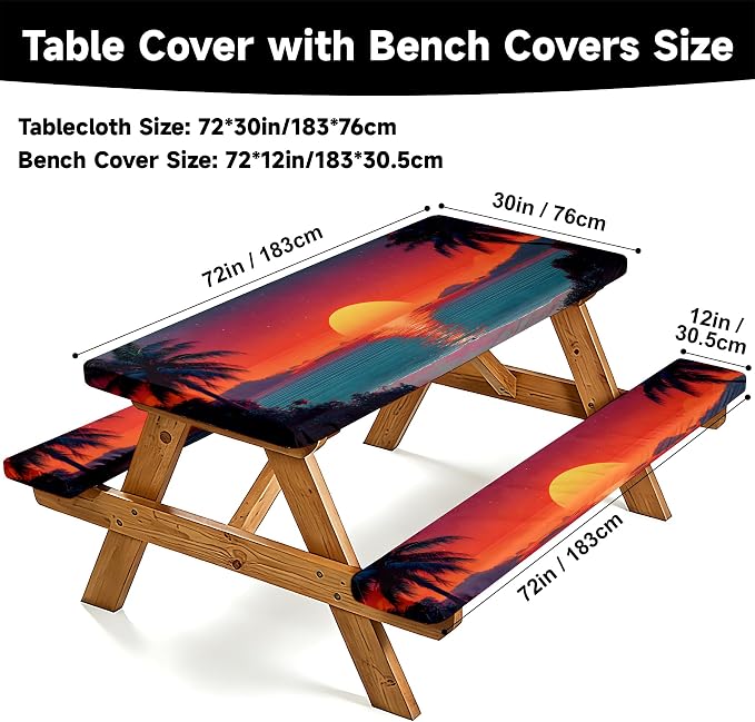 NYZE 3 Pieces Beach Sunset Picnic Table Cover with Bench Covers Set, Elastic Edge Camping Tablecloth, Tablecloth Cover with Drawstring Bag, Camping Essentials for Outdoor Picnics, Patio, BBQ