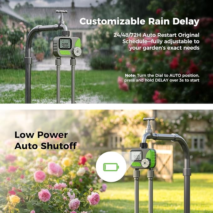Sprinkler Timer- Hose Timer for Garden Hose, Programmable Watering Timer with Rain Delay, Outdoor Automatic & Manual Drip Irrigation Controller System for Lawn Yard Greenhouse, 2 Outlets