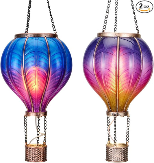 TERESA'S COLLECTIONS 2 Pack Hanging Solar Lantern Outdoor Garden Decor for Valentine,Waterproof Plastic Hot Air Balloon Purple Flickering Flame Effect Lantern for Yard Tree Gift for Mom,18"