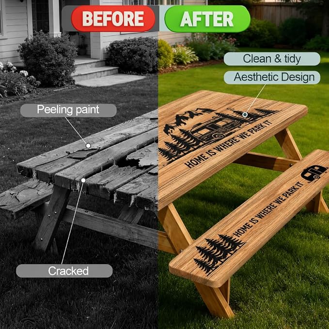 RNOONY Polyester Fitted Picnic Table Cover with Bench Covers and Bag, 6ft Outdoor Waterproof Picnic Tablecloth with Elastic Edges, 72x30 Inches 3 Pcs Set (Brown Wooden Camping)