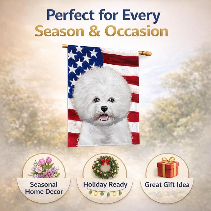 Caroline's Treasures CK6434CHF Bichon Frise American Flag House Flag Large Porch Sleeve Pole Decorative Outside Yard Banner Artwork Wall Hanging, Polyester, House Size, Multicolor