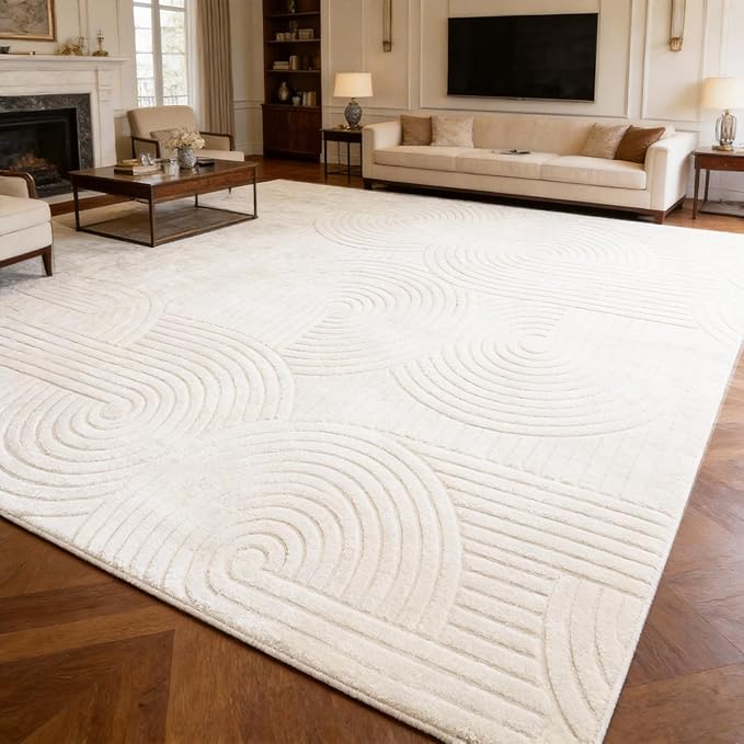 Beige Boho 8x10 Solid Color Area Rugs, Washable Rugs for Living Room | Ultra Soft Thick High-Low Pile Carpet, Fluffy, Non-Slip Modern Geometric Rugs for Bedroom, Kids Room, Nursery, Home Office