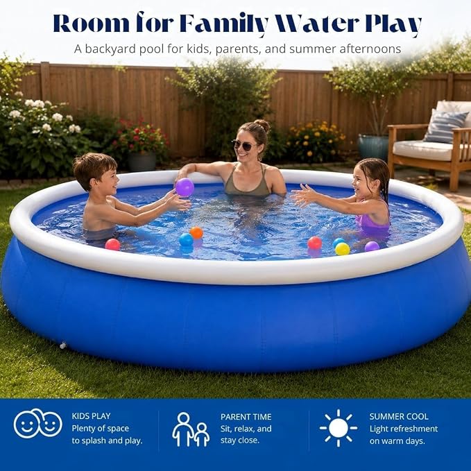 Large Inflatable Pool, 6 ft x 20 in (183 x 51 cm), Blue and White Round 3-Ply Laminated Mesh PVC Backyard Swimming Pool for 2-3 People, Foldable Kiddie Pool for Family Summer Fun
