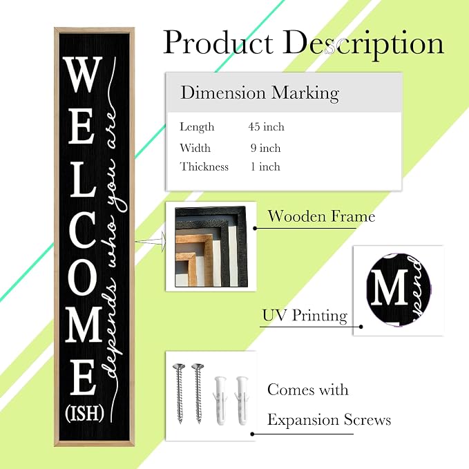 Welcome-ish Sign for Front Porch Standing 45"X9" Large Vertical Leaner Rustic Funny Wooden Framed Outdoor Wall Decor (Wood Black)