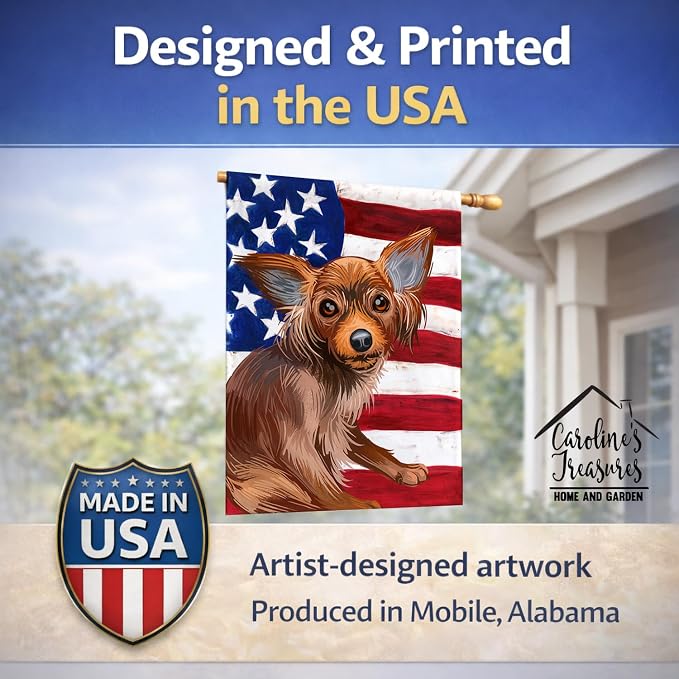 Caroline's Treasures CK6680CHF Russian Toy Dog American Flag House Flag Large Porch Sleeve Pole Decorative Outside Yard Banner Artwork Wall Hanging, Polyester, House Size, Multicolor