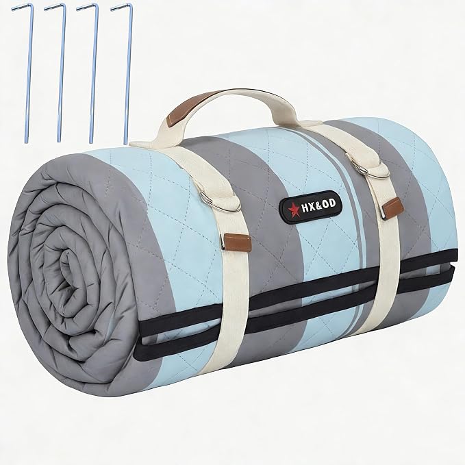 HX&OD Outdoor Picnic Blanket Extra Large, 80''*80'' Waterproof Picnic Mat with Stakes Foldable Camping Blanket Portable with Carry Strap for Beach Mat (Grey& Green, 80''*80'')