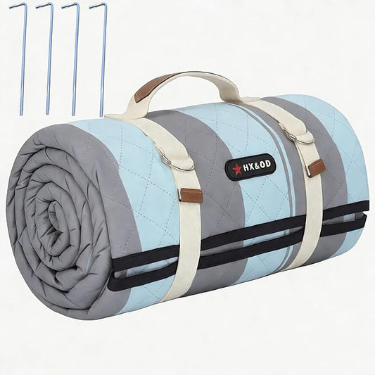 HX&OD Outdoor Picnic Blanket Extra Large, 80''*60'' Waterproof Picnic Mat with Stakes Foldable Camping Blanket Portable with Carry Strap for Beach Mat (Green& White, 80''*60'')