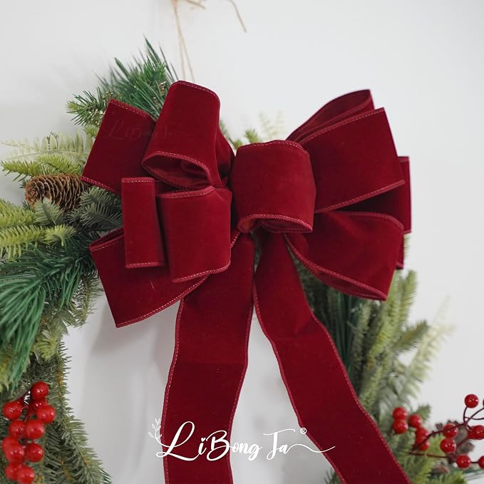 13" Red Bow Pre-Tied Bow for Christmas Tree, Red Velvet Ribbon Bow for Wreaths, Tree Toppers Bow, Premade Bow, Gift Bow for Party Favor, Christmas Home Indoor Outdoor Decor-1 Counts