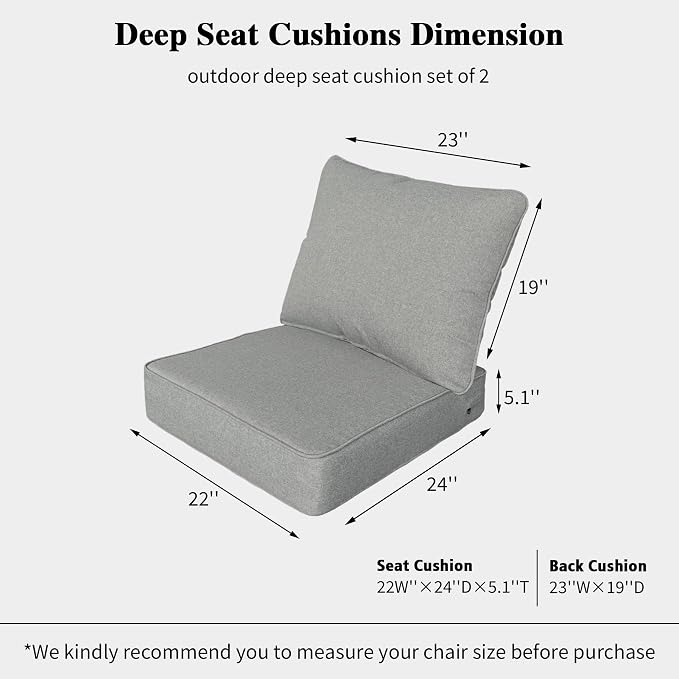 Outdoor 22"x24" Deep Seat Patio Cushion Set of 2, Outdoor Chair Cushions with Water-Resistant UV Resistant Weather Resistant Sectional Sofa Pad and Removable Covers,Light Grey