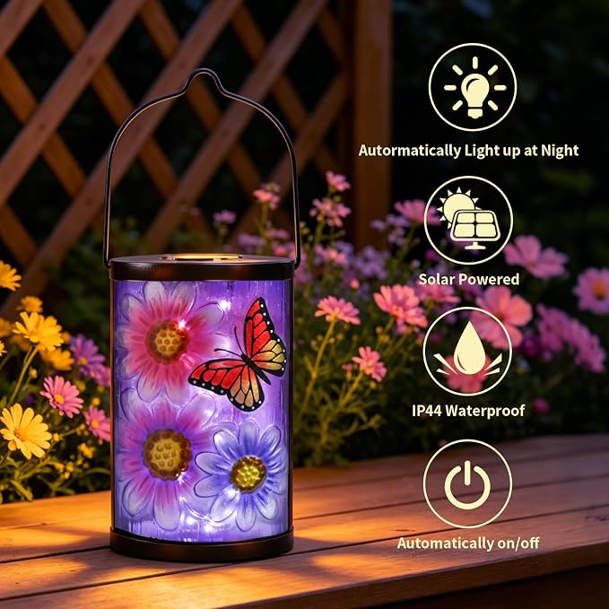 Hanging Solar Lantern Outdoor Waterproof Flowers Butterfly Solar Lights Glass Tabletop Decorative Lamp for Outdoor Patio Garden Outside Yard Decor