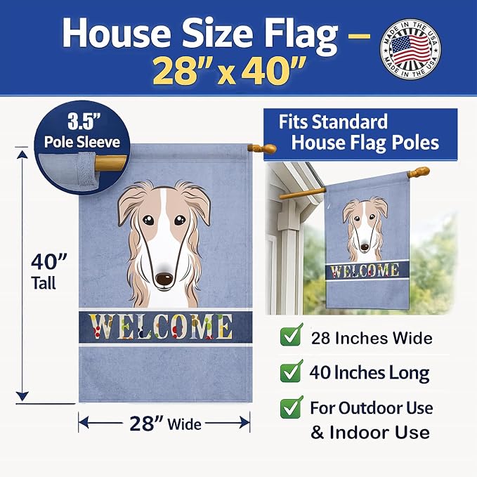 Caroline's Treasures BB1414CHF Borzoi Welcome House Flag, Blue Large Porch Sleeve Pole Decorative Outside Yard Banner Artwork Wall Hanging, Polyester, House Size, Multicolor