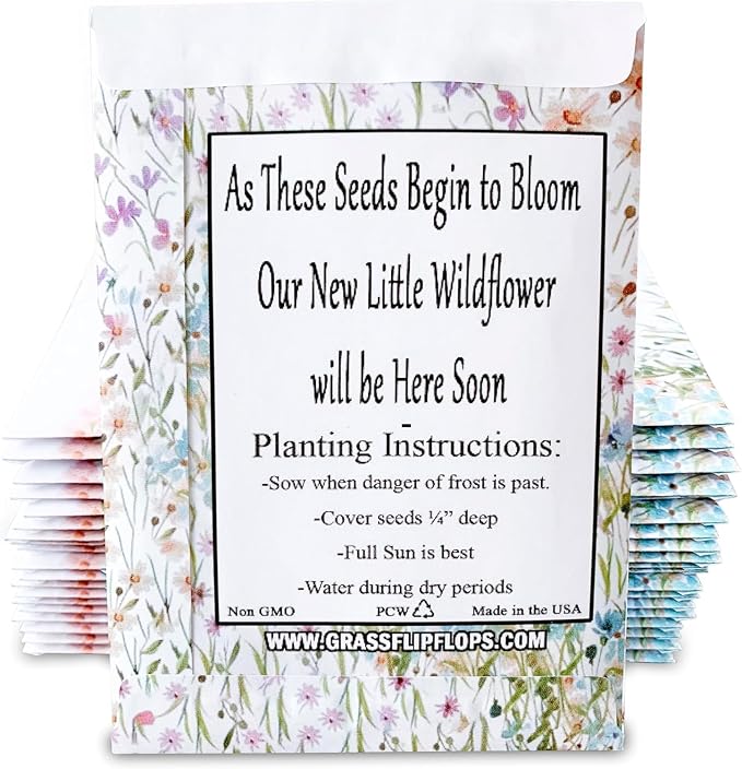 25 Wildflower Seed Packets - Baby Shower Favors for Guests - Gender Reveal Party Supplies - Wild Flower Seeds Throw and Grow Perennial & Annual Mix to Attract Pollinators Bees and Butterflies Non-GMO