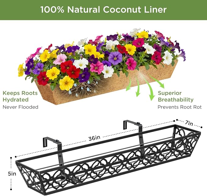 Y&M 36 Inch Window Deck Planter with Coco Liner, Metal Hanging Flower Boxes for Fence, Railing, Balcony, and Outdoor Garden Lawn – 4pcs