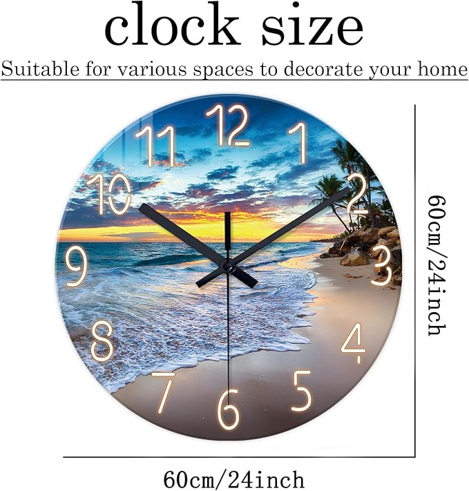 24 Inch Glass Large Wall Clocks for Living Room Decor | Palm Tree Battery Wall Clock Battery Operated Modern Coastal Blue Wall Clock Silent Non Ticking