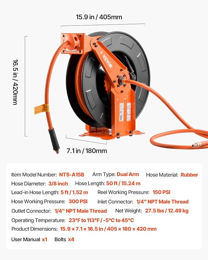 VEVOR Retractable Air Hose Reel, 3/8 Inch x 50 FT Rubber Air Hose Max 300PSI, Auto Rewind Air-Compressor Hoses Reel with 5 ft Lead in, Ceiling/Wall Mount Heavy Duty Steel Double Arm