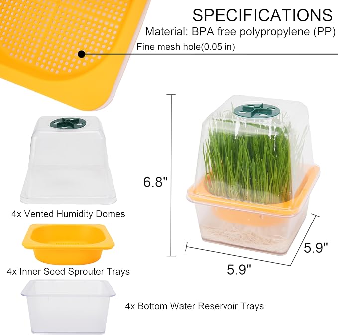 Microgreen Growing Trays, 5" x 5" Sprouting Tray with Humidity Dome, 1.2 mm Small Mesh Holes, BPA Free, Sprouter Kit for Growing Mirco Seeds, Like Broccoli, Alfalfa, Radish, Clover - 6 Pack | Clear