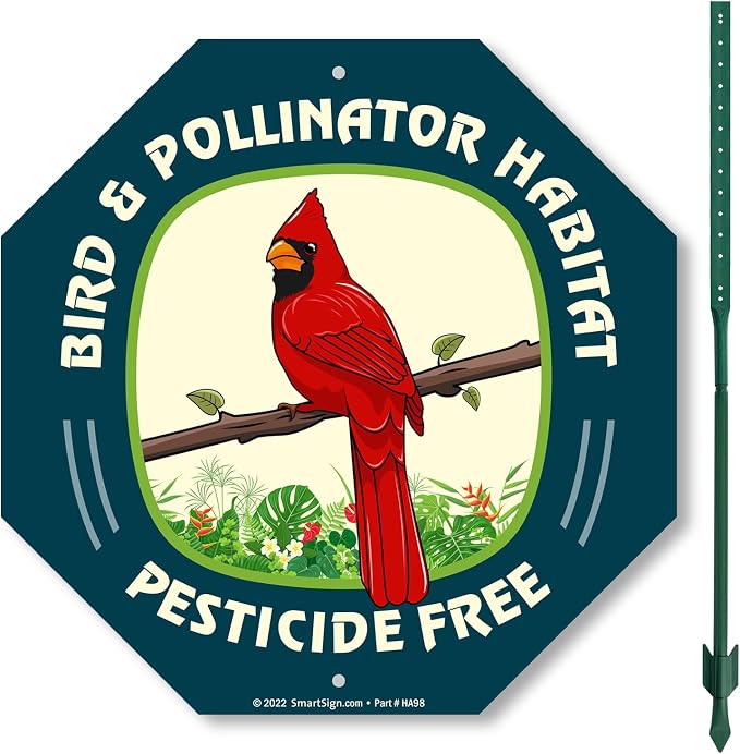 SmartSign 10 x 10 inch Bird & Pollinator Habitat, Pesticide Free Yard Sign & Stake Kit, 40 mil Laminated Rustproof Aluminum, 3 foot Stake, Set of 1, For Lawn, Garden