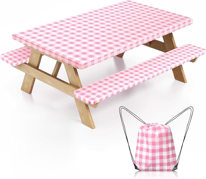 Picnic Table Cover with Bench Covers and Bag, Camping Table Camping Essentials Cover with Elastic Edges(Pink)