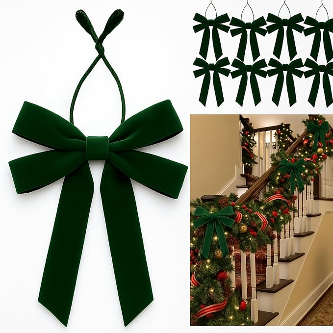 Soulchen 12 Pcs 20 Inches Christmas Garland Ties with Large Velvet Bows Reusable Holiday Wreath Twist Tie Bows for Banister Christmas Tree Indoor Outdoor Party Decorations (Dark Green)