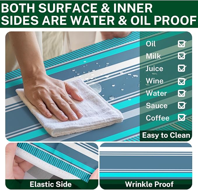 Picnic Table Cover with Bench Covers Elastic Edges, Blue Grey Tripes Camper Fitted Table Cover, Outdoor Patio Camping Essentials 72 Inch 3PCS, Waterproof Camping Fitted Tablecloth with Drawstring Bag