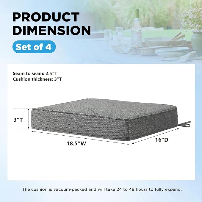 18.5 x 16 Inch Outdoor Chair Cushions with Tie Straps, Set of 4 Thick Water Repellent Rectangle Patio Chair Pads for Garden Lawn Patio Furniture, Linenweave Gray