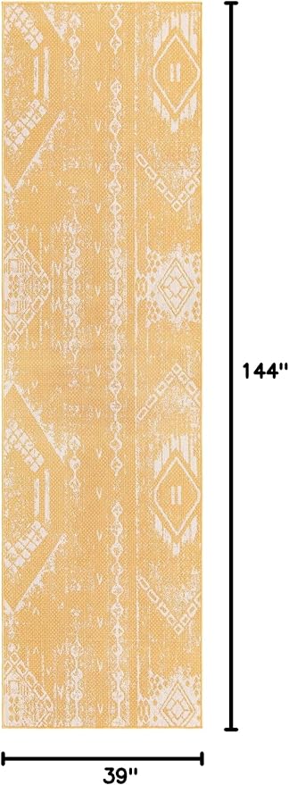 Unique Loom Outdoor Bohemian Collection Area Rug - Anthro (3' 3" x 12' Runner, Yellow/ Ivory)