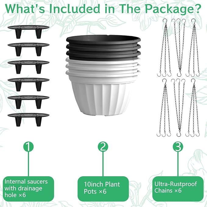 FGstyle 6 Pack Hanging Planters 10 Inch(Black & White),Self Watering Pots for Indoor Plants,Plastic Hanging Basket with Soil Elevator and 20" Chain for Home Garden Porch Balcony Patio Decor